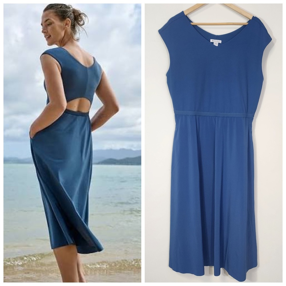 Athleta Ryder Dress 2X Jay Blue Midi Cutout Back Pockets Athleisure stretch